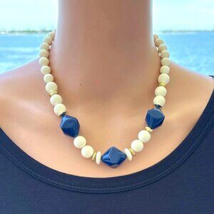 Vintage Necklace White Navy Blue Beaded 18 Inch Length